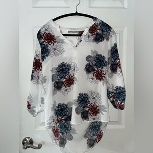 Daniel Rainn White Chiffon Blouse with Blue and Wine Floral Print